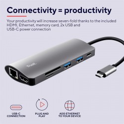 HUB TRUST DALYX USB-C 7 EN 1 HDMI USB-C USB MICRO SD RJ45 SILVER